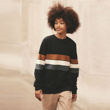 Load image into Gallery viewer, Neutral/Navy Stripe Long Sleeve 100% Cotton Crew Neck Jumper (3-12yrs)
