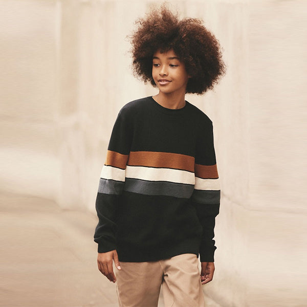 Neutral/Navy Stripe Long Sleeve 100% Cotton Crew Neck Jumper (3-12yrs)