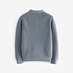 Blue Long Sleeve 100% Cotton Textured Polo Shirt (3-12yrs)
