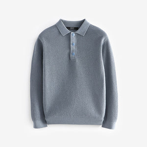 Blue Long Sleeve 100% Cotton Textured Polo Shirt (3-12yrs)