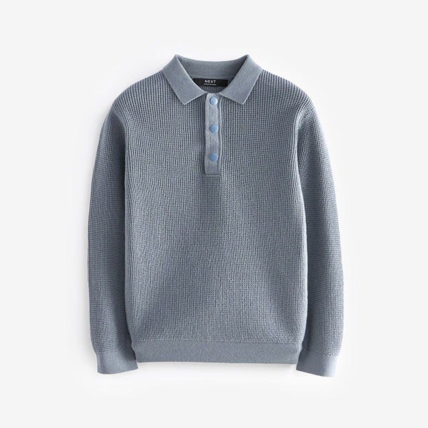 Blue Long Sleeve 100% Cotton Textured Polo Shirt (3-12yrs)