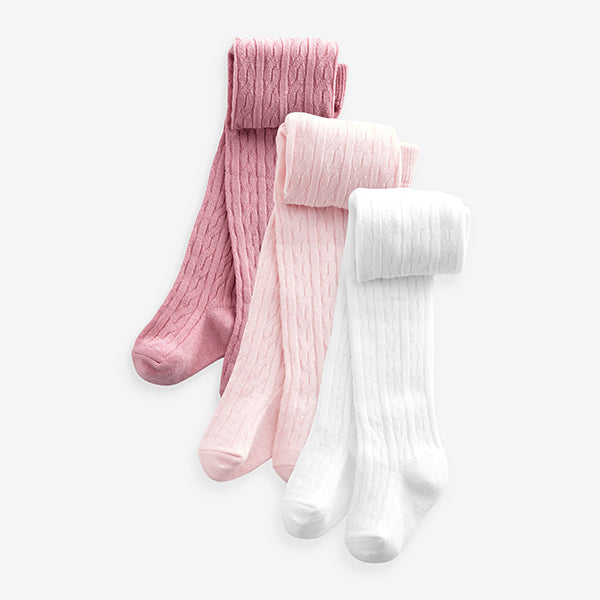 Pink white cable Baby Tights 3 Pack (0mths-18mths)