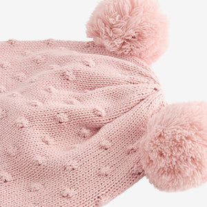 Pink Double Pom Knitted Trapper Hat (0mths-18mths)