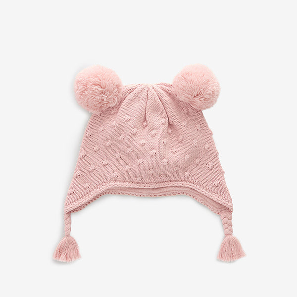 Pink Double Pom Knitted Trapper Hat (0mths-18mths)