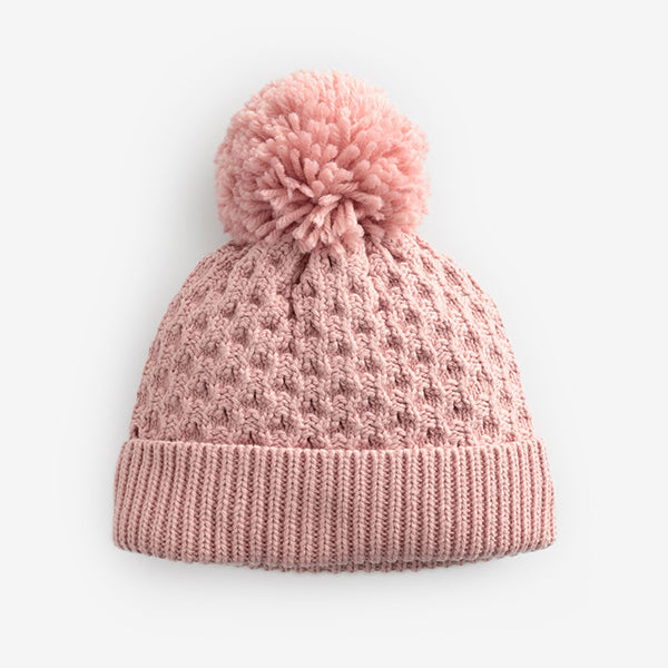 Pink Waffle Knit Baby Pom Hat (0mths-18mths)