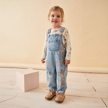 Load image into Gallery viewer, Denim Floral Printed 100% Cotton Dungaree Set (3mths-6yrs)
