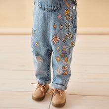 Load image into Gallery viewer, Denim Floral Printed 100% Cotton Dungaree Set (3mths-6yrs)
