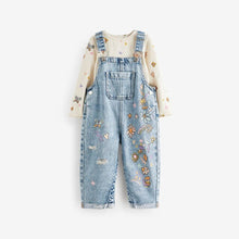 Load image into Gallery viewer, Denim Floral Printed 100% Cotton Dungaree Set (3mths-6yrs)
