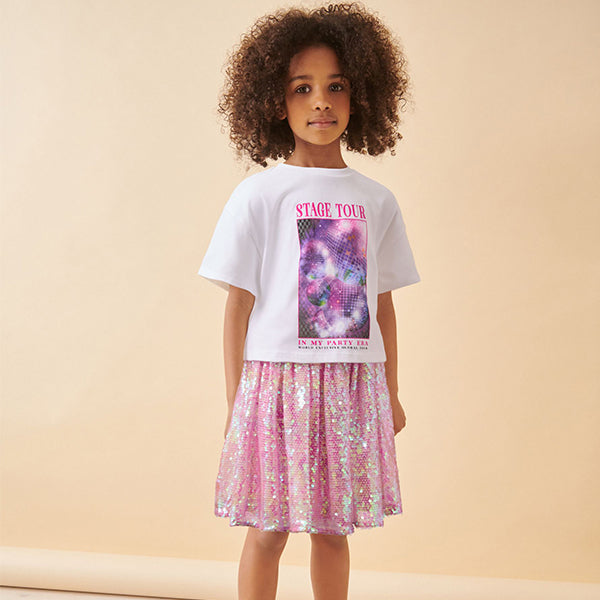 White/Pink Glitterball Graphic T-Shirt and Sequin Skirt Set (3-12yrs)