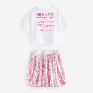 White/Pink Glitterball Graphic T-Shirt and Sequin Skirt Set (3-12yrs)