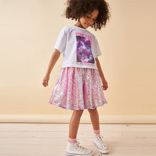 Load image into Gallery viewer, White/Pink Glitterball Graphic T-Shirt and Sequin Skirt Set (3-12yrs)

