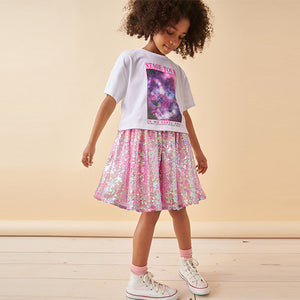 White/Pink Glitterball Graphic T-Shirt and Sequin Skirt Set (3-12yrs)