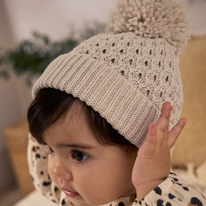 Cream Knitted Pom Waffle Baby Hat