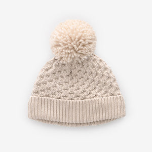 Cream Knitted Pom Waffle Baby Hat