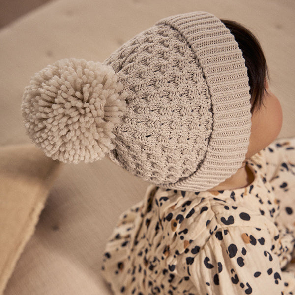 Cream Knitted Pom Waffle Baby Hat