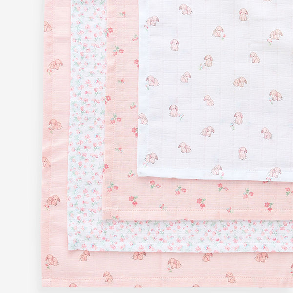 Pink Bunny Baby Muslins 100% Cotton Cloths 4 Pack