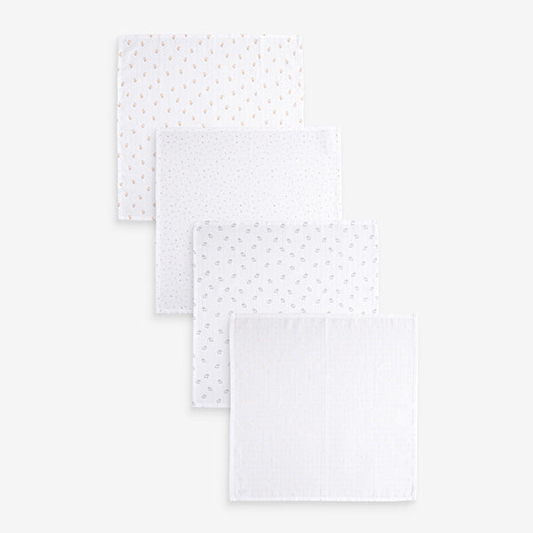White Delicate Animal Baby Muslins 100% Cotton Cloths 4 Pack