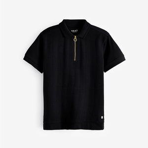 Black Textured Short Sleeve Quarter Zip Polo Shirt (3-12yrs)