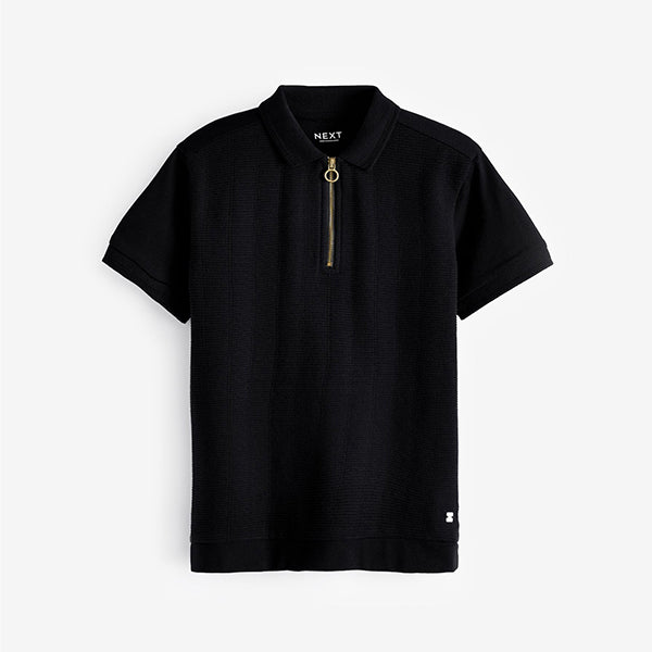 Black Textured Short Sleeve Quarter Zip Polo Shirt (3-12yrs)