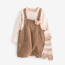 Load image into Gallery viewer, Neutral 100% Cotton Corduroy Dungarees T-Shirt &amp; Tights Set (3mths-6yrs)
