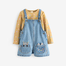Load image into Gallery viewer, Denim Cat Embellished 100% Cotton Dungarees 3 Piece Set (3mths-6yrs)
