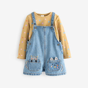 Denim Cat Embellished 100% Cotton Dungarees 3 Piece Set (3mths-6yrs)