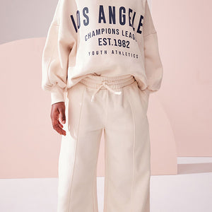 Ecru Slogan Sweatshirt And Wide Leg Joggers Set (3-16yrs)