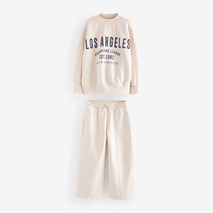 Ecru Slogan Sweatshirt And Wide Leg Joggers Set (3-16yrs)