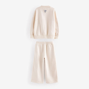 Ecru Slogan Sweatshirt And Wide Leg Joggers Set (3-16yrs)