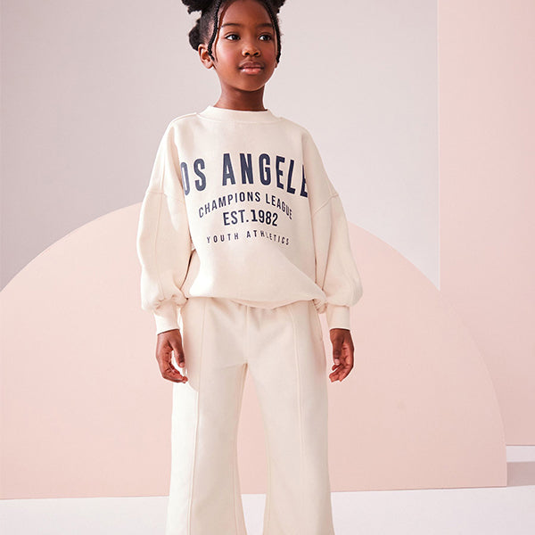 Ecru Slogan Sweatshirt And Wide Leg Joggers Set (3-16yrs)