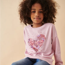 Load image into Gallery viewer, Pink 100% Cotton Sequin Heart Long Sleeve T-Shirt (3-12yrs)
