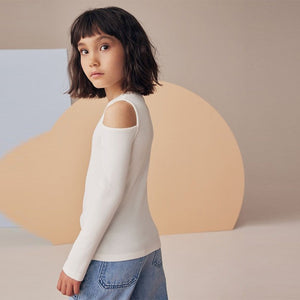 White Long Sleeve Cold Shoulder Rib T-Shirt (3-11yrs)