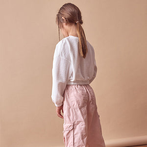 White Textured Ruche Hem Long Sleeve T-Shirt (3-12yrs)