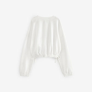 White Textured Ruche Hem Long Sleeve T-Shirt (3-12yrs)