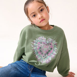 Khaki Green Sequin Heart Long Sleeve T-Shirt (3-12yrs)
