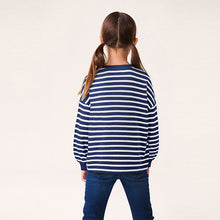 Load image into Gallery viewer, Navy Stripe 100% Cotton Sequin Heart Long Sleeve T-Shirt (3-12yrs)
