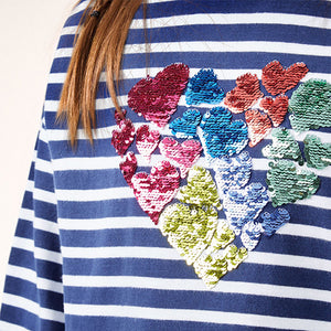 Navy Stripe 100% Cotton Sequin Heart Long Sleeve T-Shirt (3-12yrs)