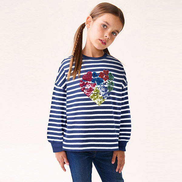 Navy Stripe 100% Cotton Sequin Heart Long Sleeve T-Shirt (3-12yrs)