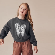 Load image into Gallery viewer, Charcoal Grey Sequin Butterfly Boxy 100% Cotton Sweatshirt (4-12yrs)
