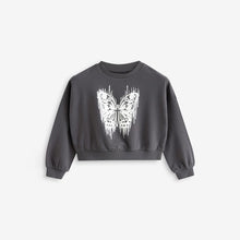 Load image into Gallery viewer, Charcoal Grey Sequin Butterfly Boxy 100% Cotton Sweatshirt (4-12yrs)
