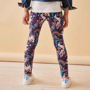 Navy Unicorn Rainbow Printed Leggings (3-12yrs)