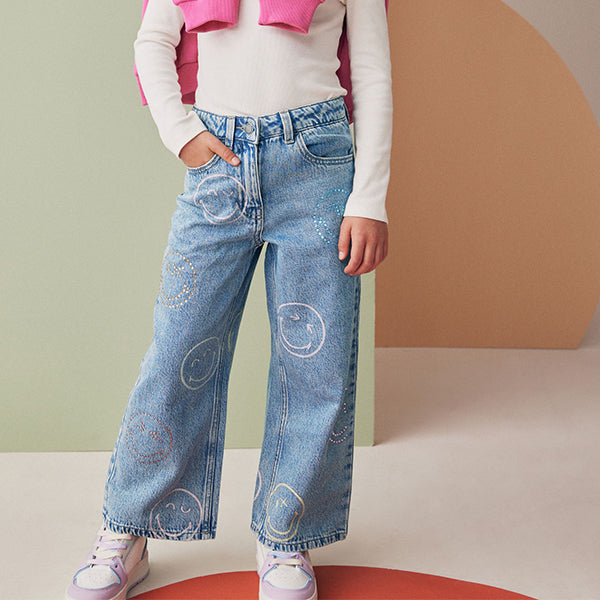 Mid Blue Denim SmileyWorld® Wide Leg 100% Cotton Jeans (3-12yrs)