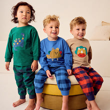 Load image into Gallery viewer, Green/Orange/Blue Dinosaur Check Woven Bottom Pyjamas 3 Pack (9mths-6yrs)
