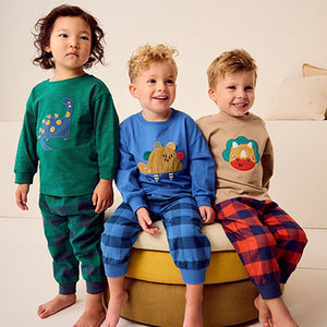 Green/Orange/Blue Dinosaur Check Woven Bottom Pyjamas 3 Pack (9mths-6yrs)