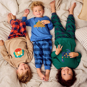 Green/Orange/Blue Dinosaur Check Woven Bottom Pyjamas 3 Pack (9mths-6yrs)