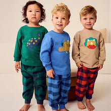 Load image into Gallery viewer, Green/Orange/Blue Dinosaur Check Woven Bottom Pyjamas 3 Pack (9mths-6yrs)
