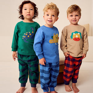 Green/Orange/Blue Dinosaur Check Woven Bottom Pyjamas 3 Pack (9mths-6yrs)