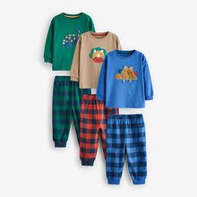 Load image into Gallery viewer, Green/Orange/Blue Dinosaur Check Woven Bottom Pyjamas 3 Pack (9mths-6yrs)
