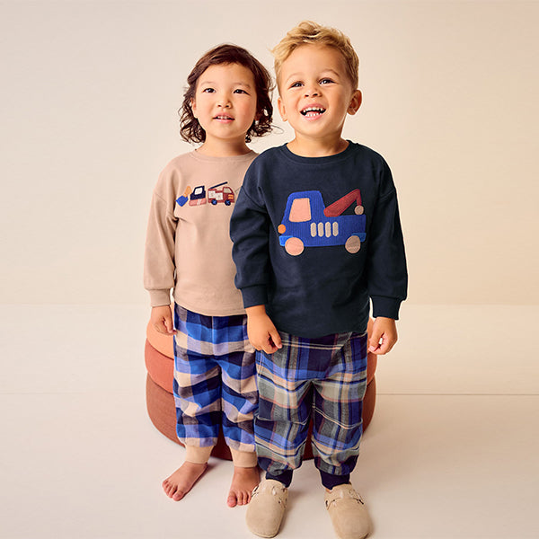 Blue/Neutral Transport Woven Bottom Check Pyjamas 2 Pack (9mths-6yrs)