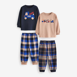 Blue/Neutral Transport Woven Bottom Check Pyjamas 2 Pack (9mths-6yrs)
